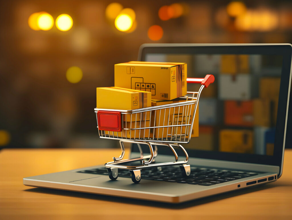 Online shopping e-commerce and customer experience concept: cashiers with shopping cart on a laptop keyboard, depict shopper consumers buy or purchase goods and services at home or office