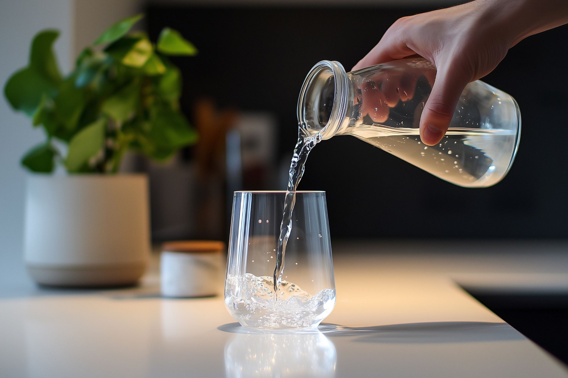 Hand fuellt reines Wasser aus Glaskaraffe in Trinkglas – gefiltert mit Auftisch Osmoseanlage im modernen Buero