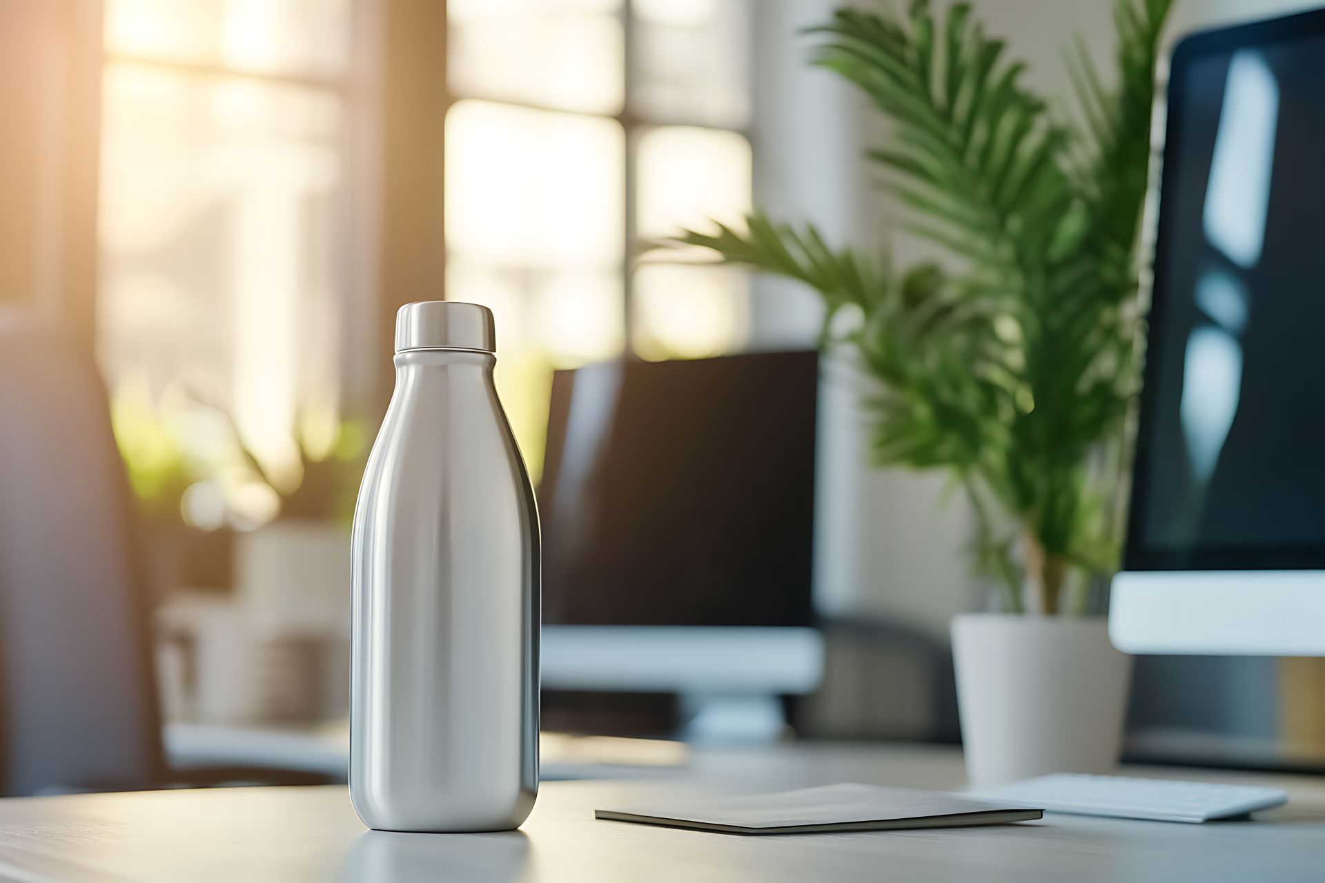 ergonomischer-arbeitsplatz-mit-trinkflasche-und-wasser-aus-auftisch-osmoseanlage