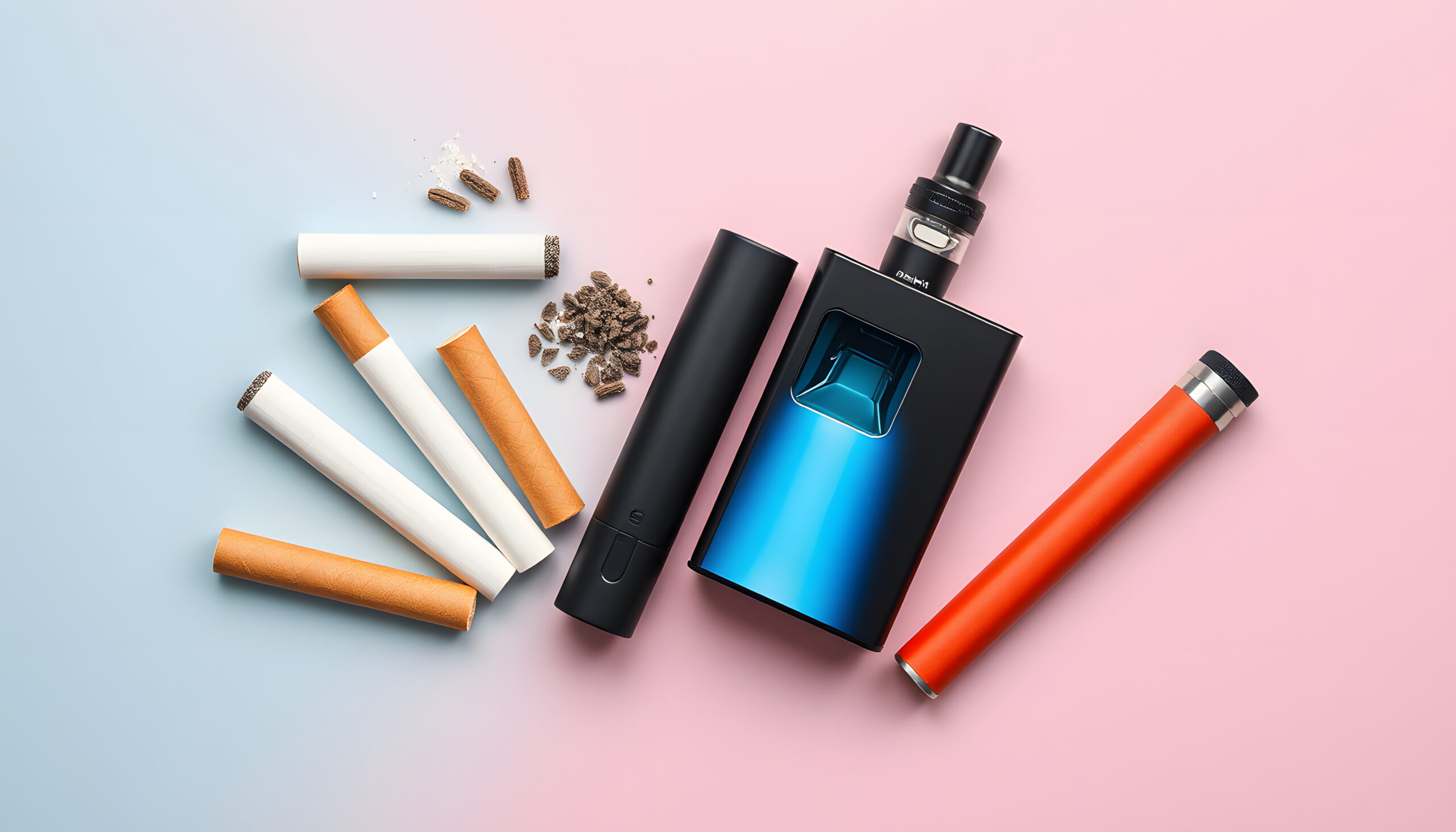 E-Zigarette mit Liquid neben aufgebrochenen Tabakzigaretten auf farbigem Hintergrund arrangiert
