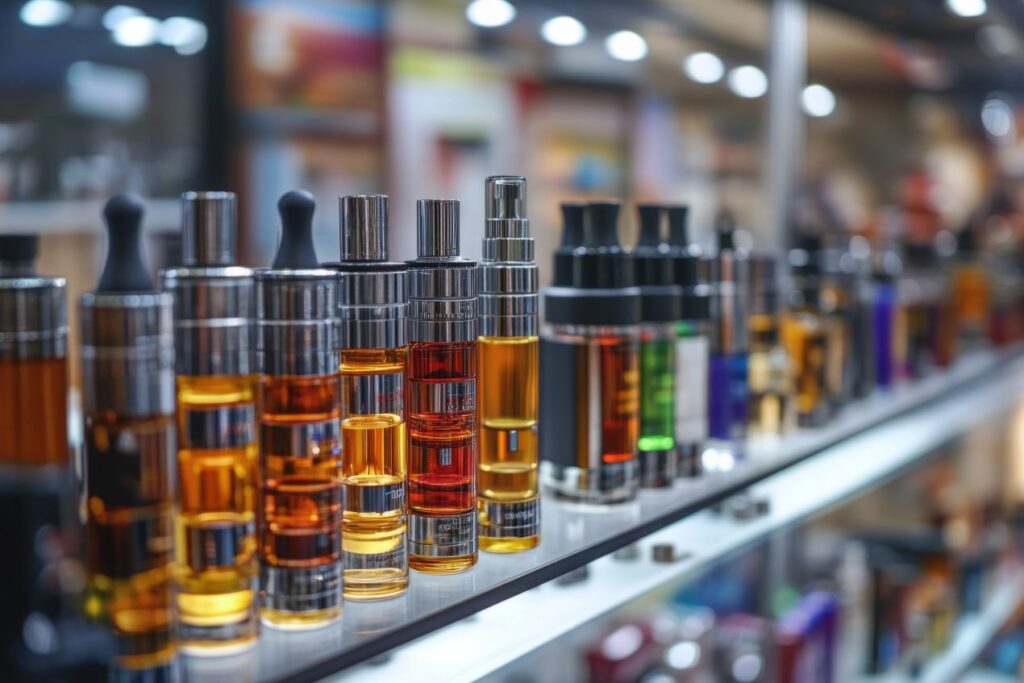 Gefüllte Verdampfer mit E-Zigarette Liquid in Vitrinen von Vape-Shop
