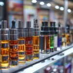 Gefüllte Verdampfer mit E-Zigarette Liquid in Vitrinen von Vape-Shop