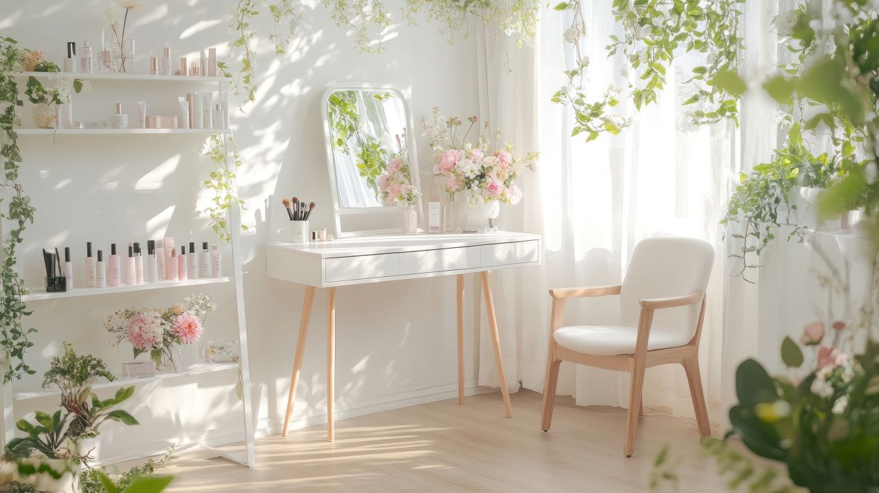 Weisser Schminktisch mit Spiegel, Blumen und Make-up in heller, gruener Umgebung als stilvoller Ruheraum