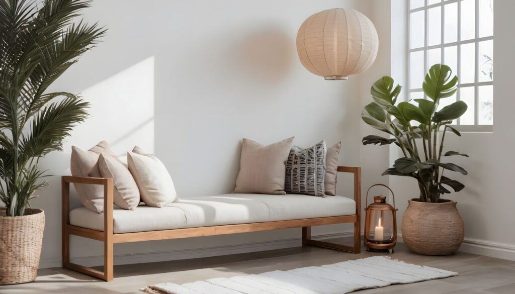 Helle Ruhezone mit Sitzbank, Kissen, Pflanzen und Laterne als wohnliche Alternative zum Schminktisch
