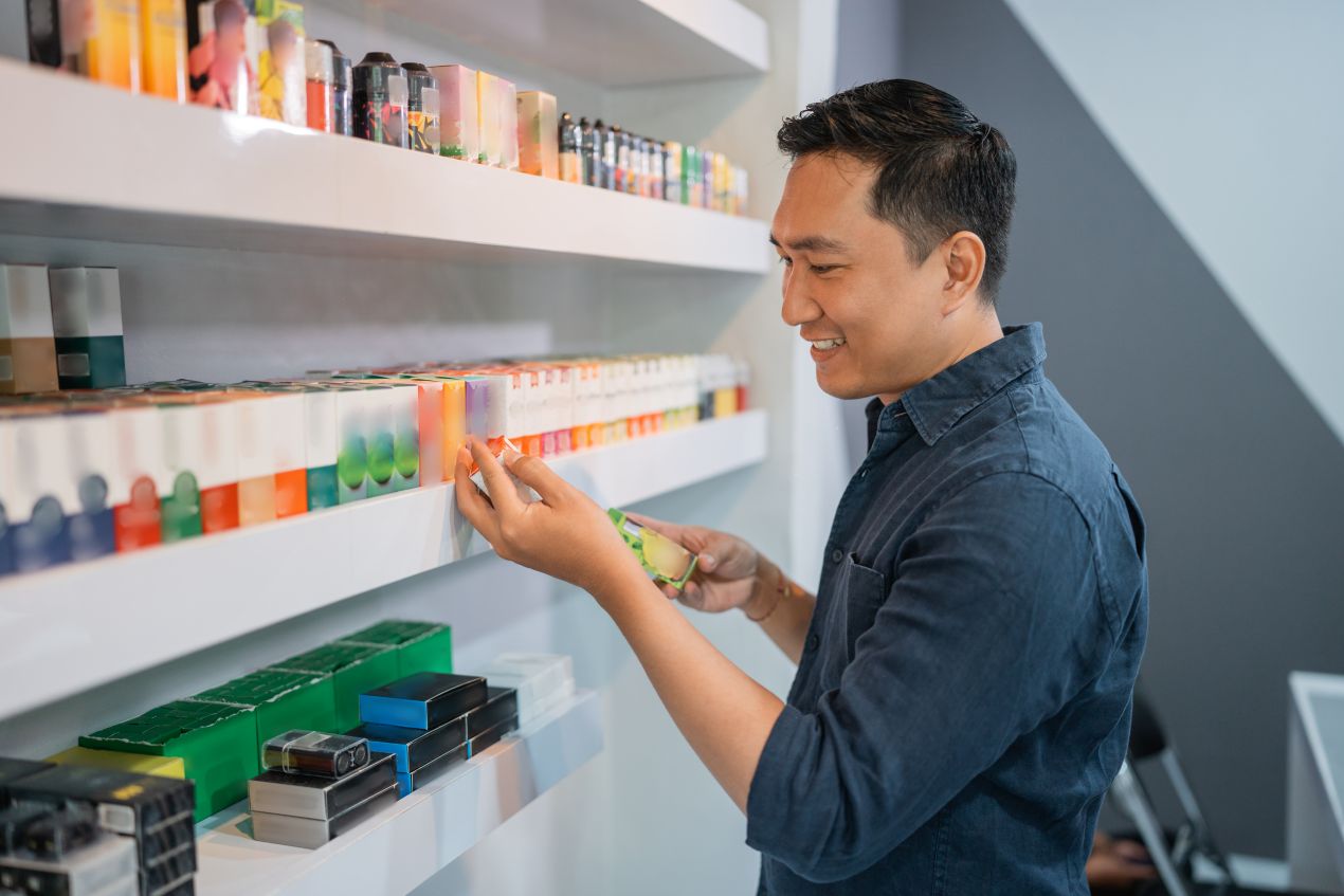 Mann steht vor einem Regal mit E-Zigarette Liquid und prüft verschiedene Aromen im Fachgeschäft