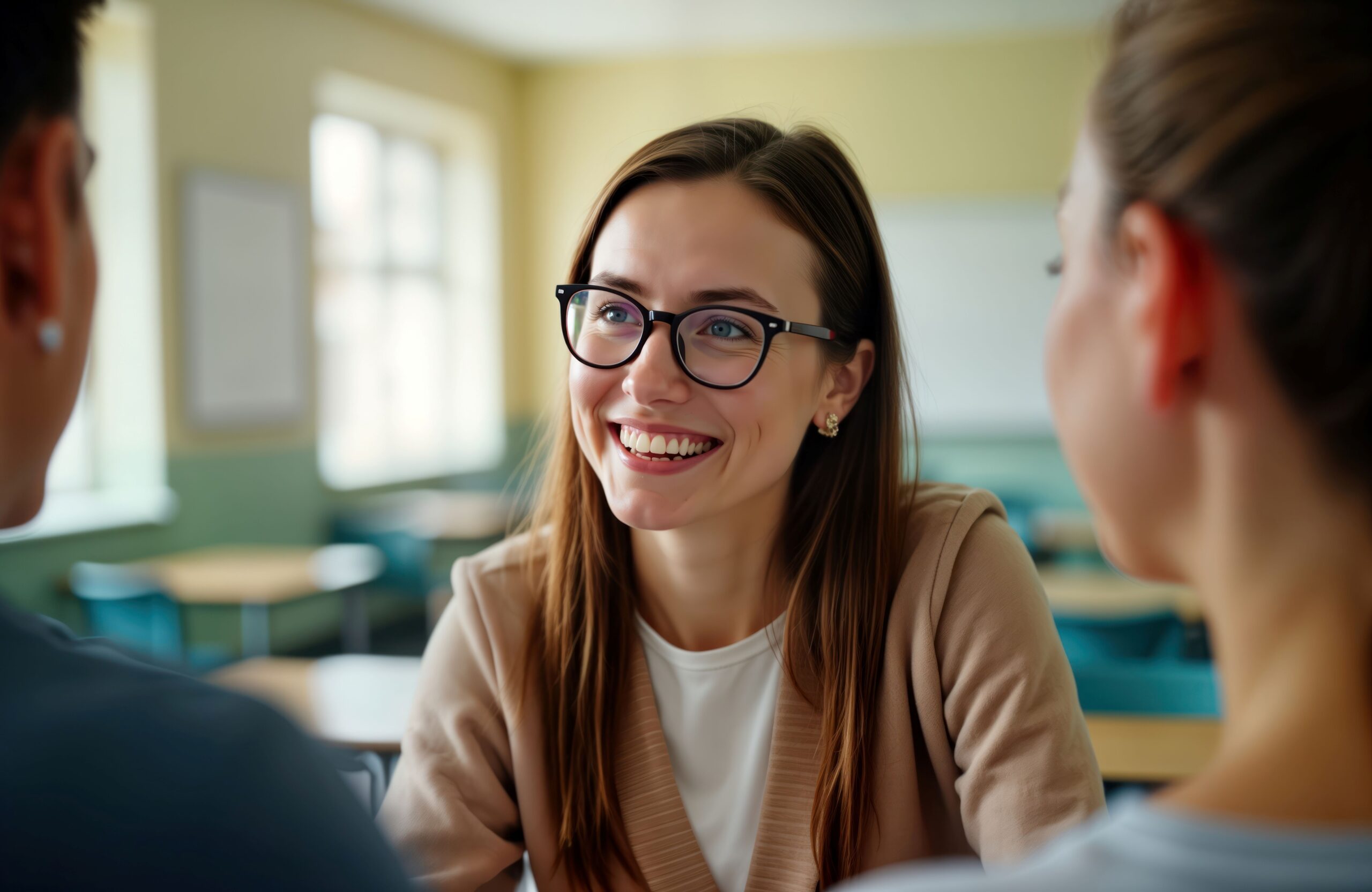 Lehrerin im Gespräch mit Schülern bei der Planung einer Klassenfahrt im Klassenzimmer